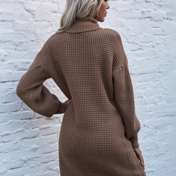 Printed Lantern Sleeve Turtleneck Dress